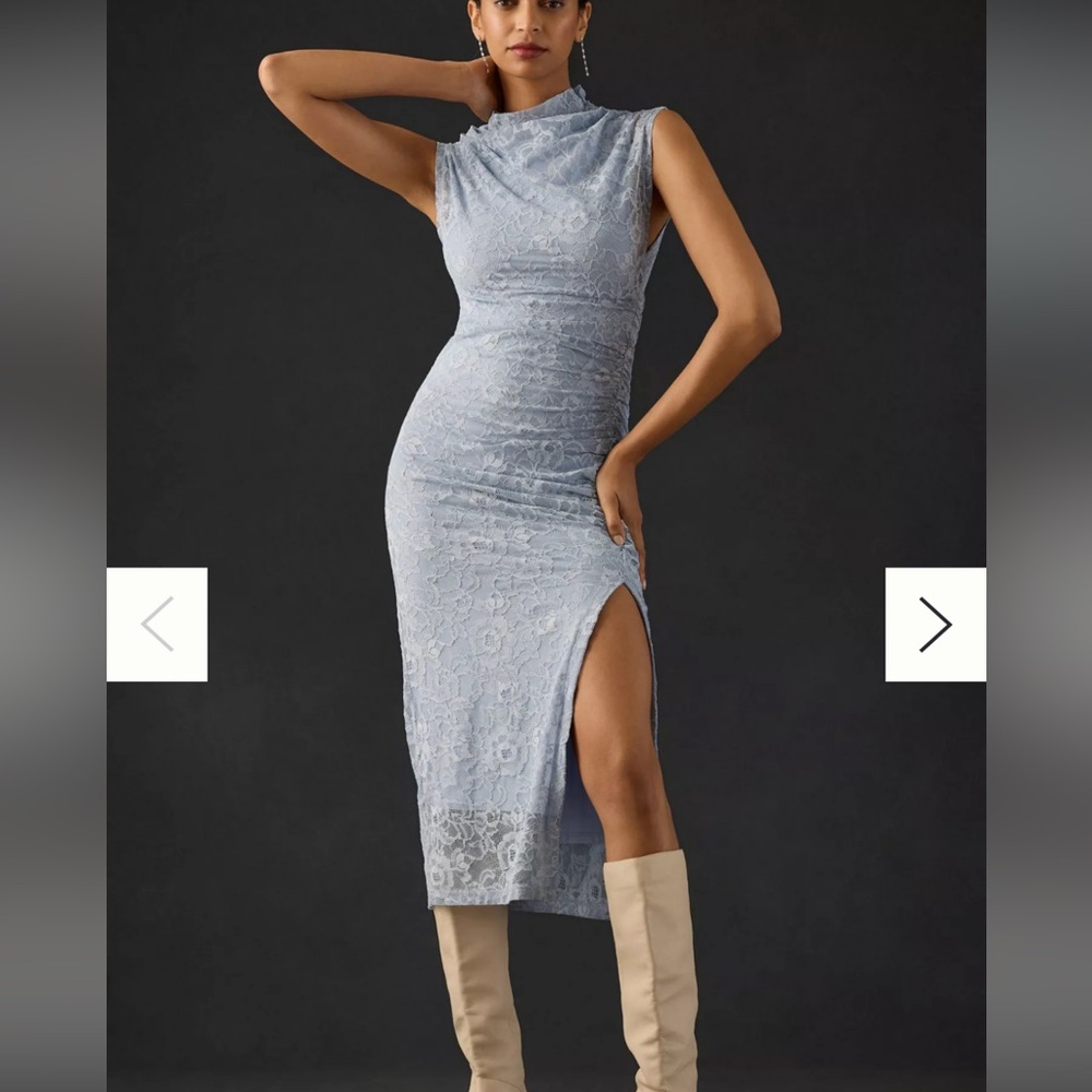 Anthropologie THE MAYA RUCHED COWL-NECK DRESS: LACE EDITION IN BLUE